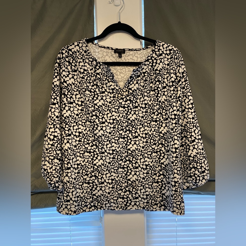 Talbots Black and White Patterned 3/4 Sleeve Women's Top, Size Large - Picture 9 of 11